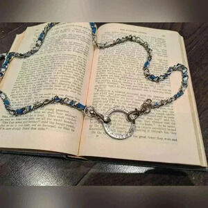 Vera Bradley necklace silvertone with blue and white fabric woven into the chain